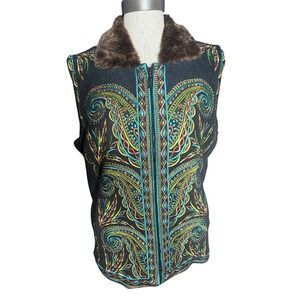 Bob Mackie Wearable Art Brown Fleece Paisley Embroidered Faux Fur Trim Vest L